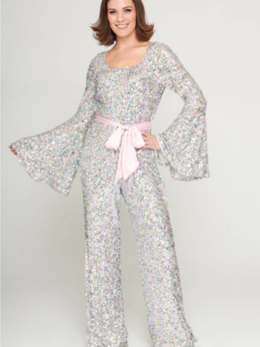 Sequin Wide-Leg Jumpsuit with Pink Sash SMAK Parlour Sz M